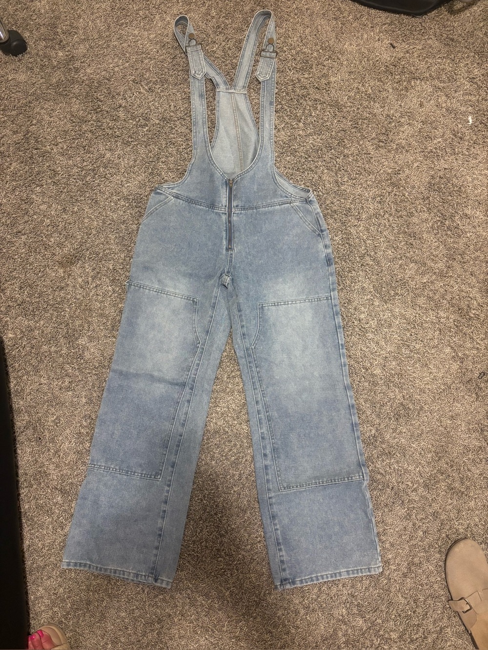 Light Wash Denim Overalls with Front Zip